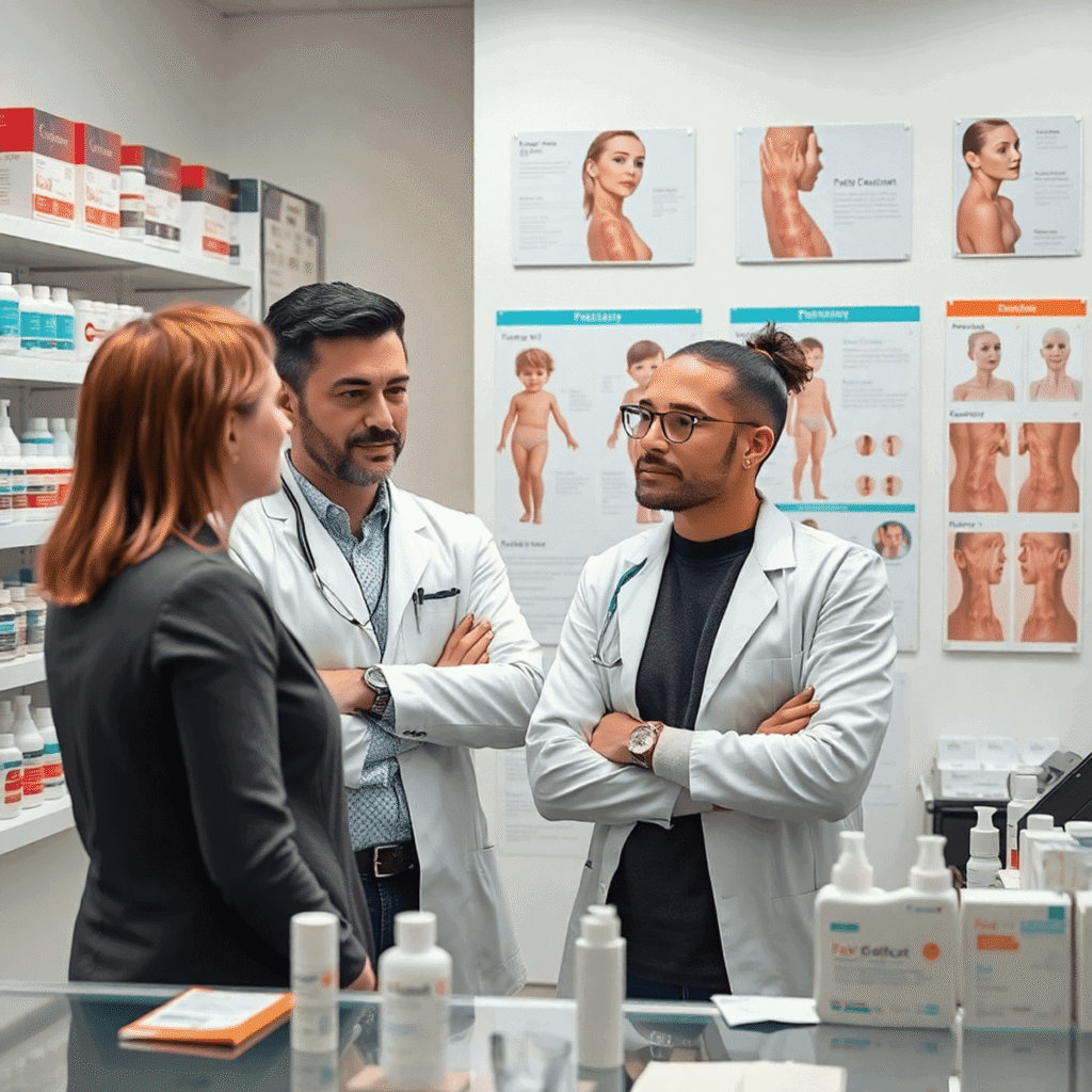A pharmacist consulting a patient about skincare in a modern pharmacy with dermatology products and medical charts in the background.