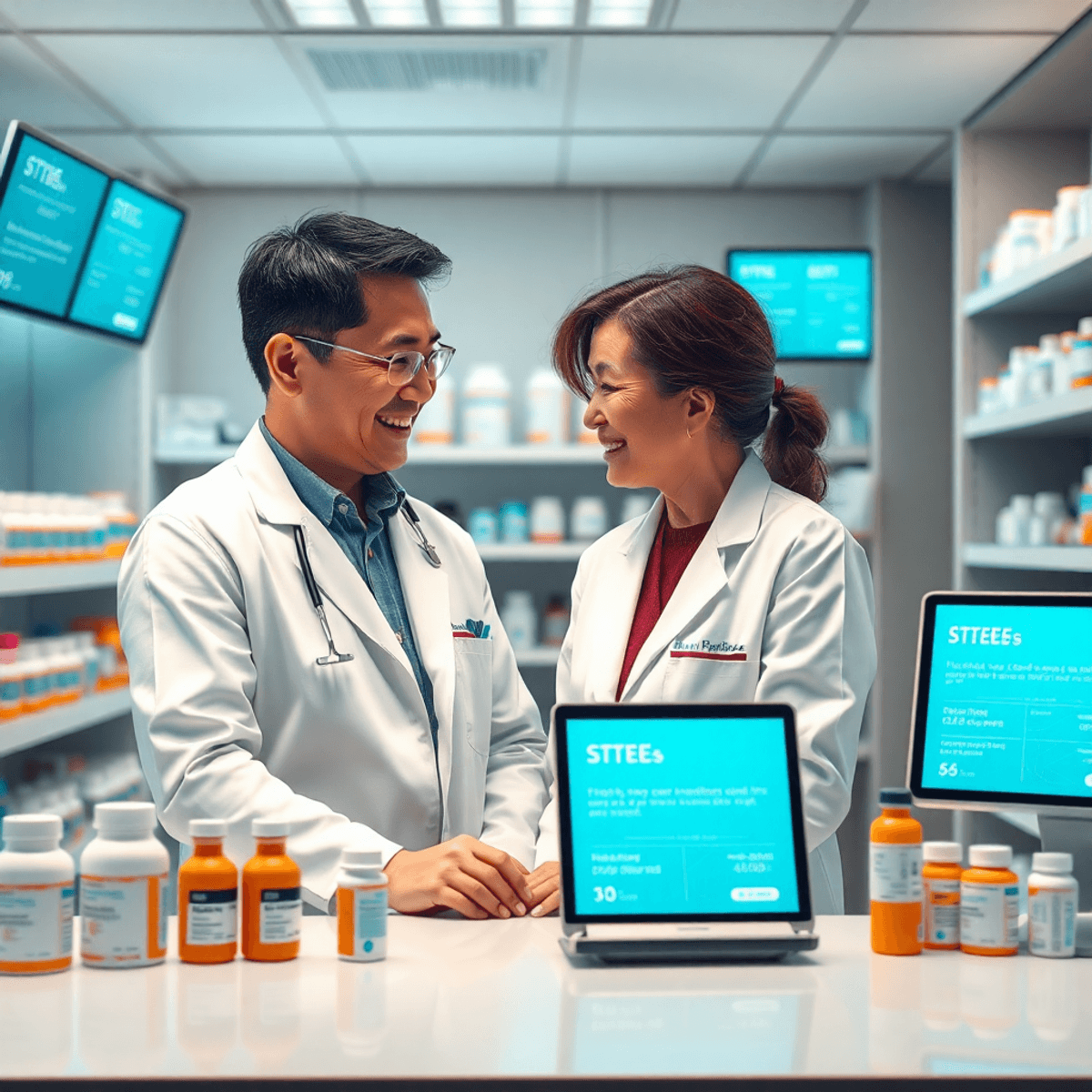 A pharmacist consulting a woman at a modern pharmacy counter with medication bottles and digital screens showing medication info and alerts.