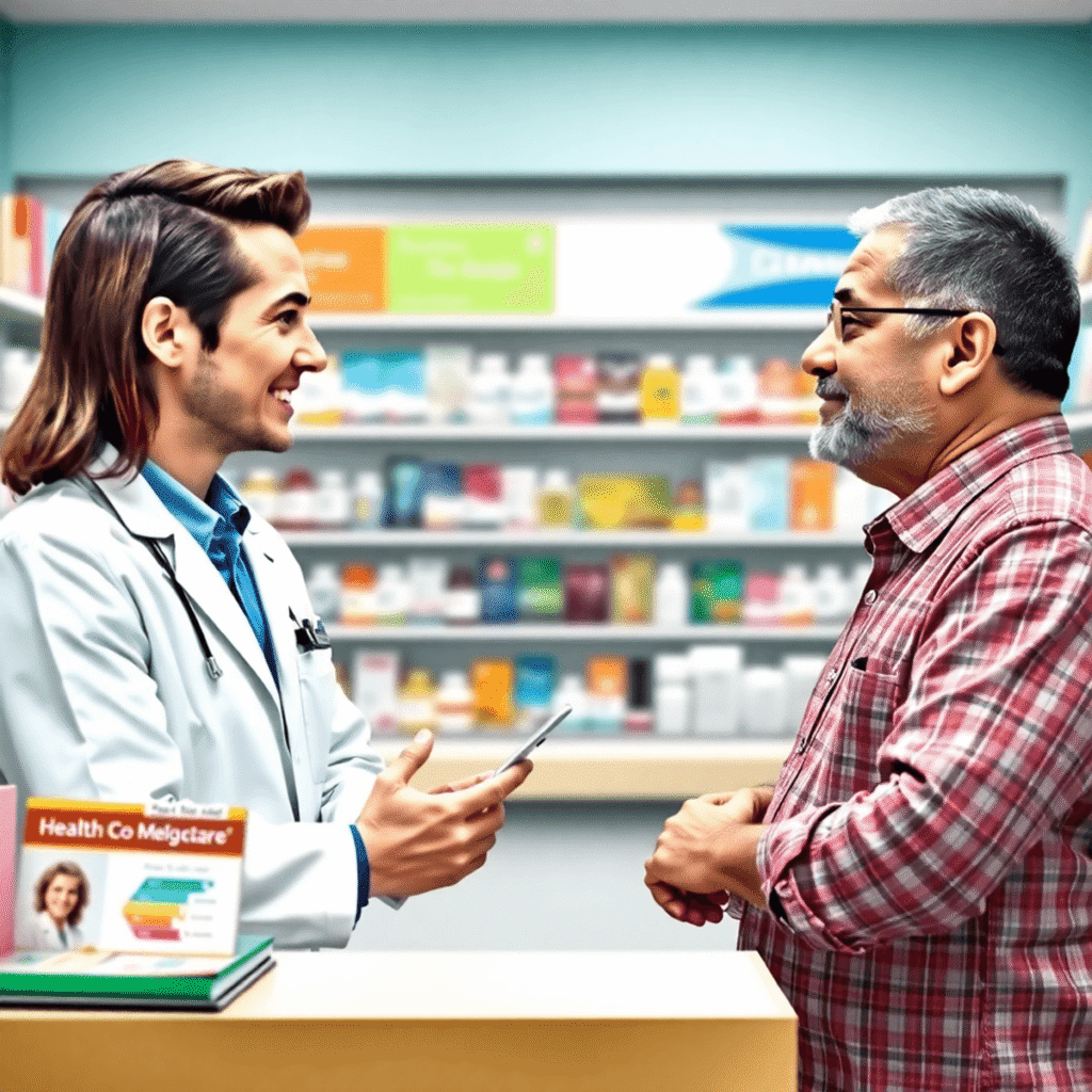 A pharmacist consulting with a middle-aged man at a pharmacy counter, surrounded by medication shelves and health brochures.