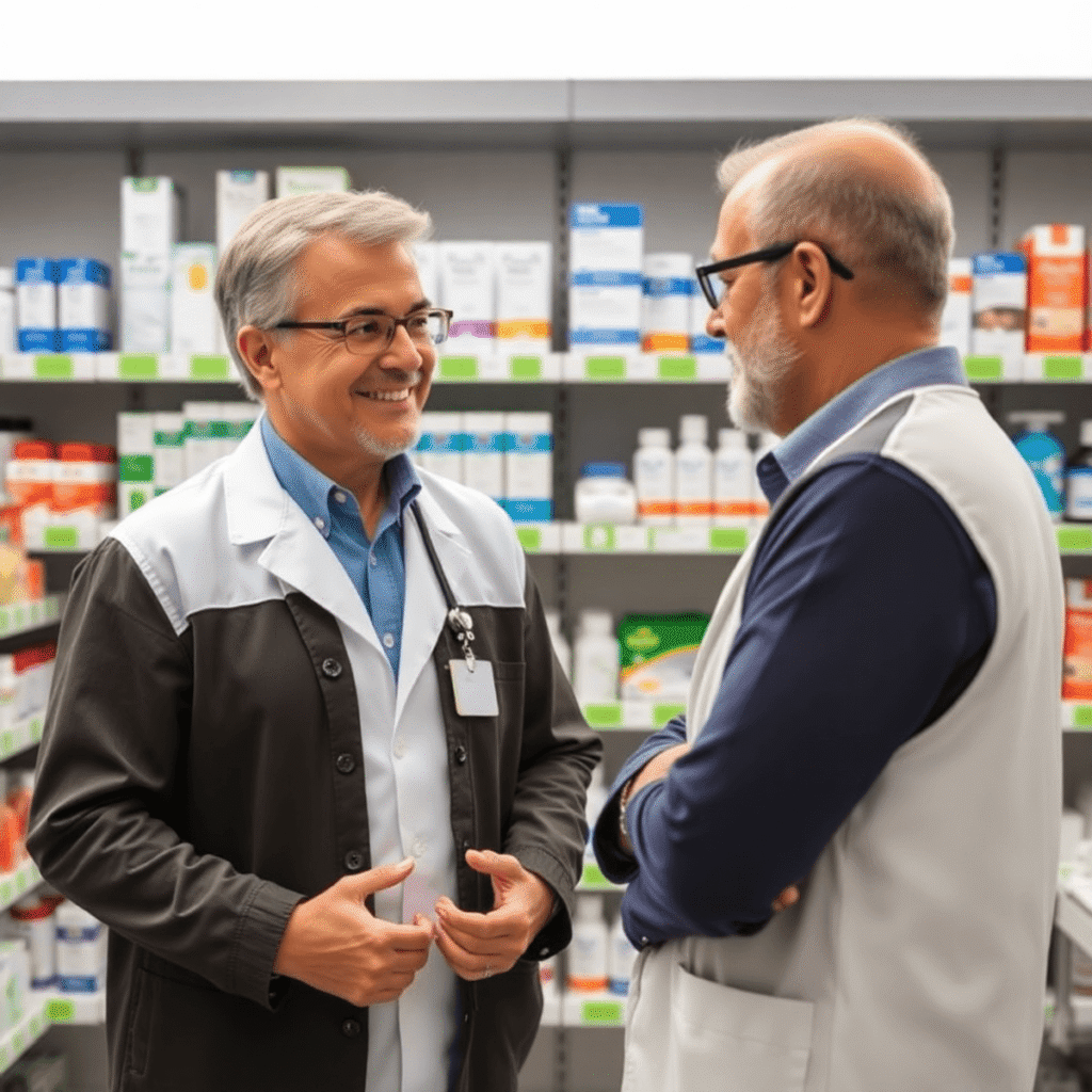 A pharmacist in a modern pharmacy counseling a middle-aged patient about heartburn treatment with shelves of medications in the background.