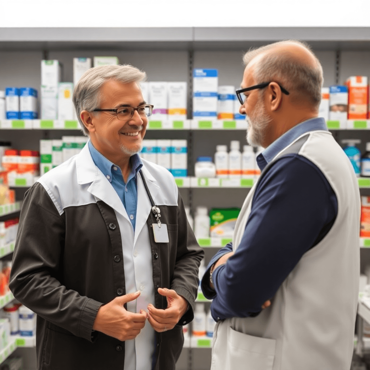 A pharmacist in a modern pharmacy counseling a middle-aged patient about heartburn treatment with shelves of medications in the background.