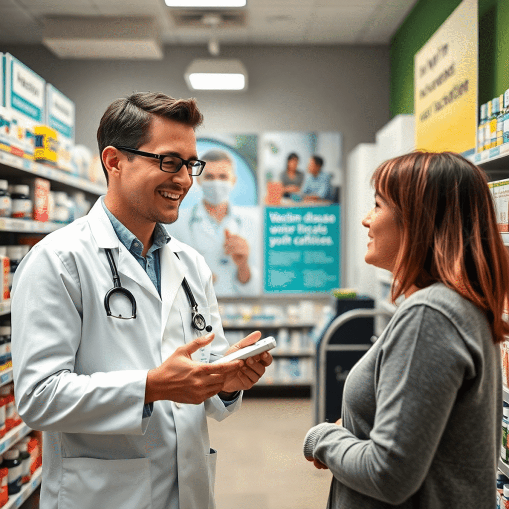 A pharmacist in a modern pharmacy explaining medication to a patient, with shelves of medicines and health posters about chronic disease and vaccin...