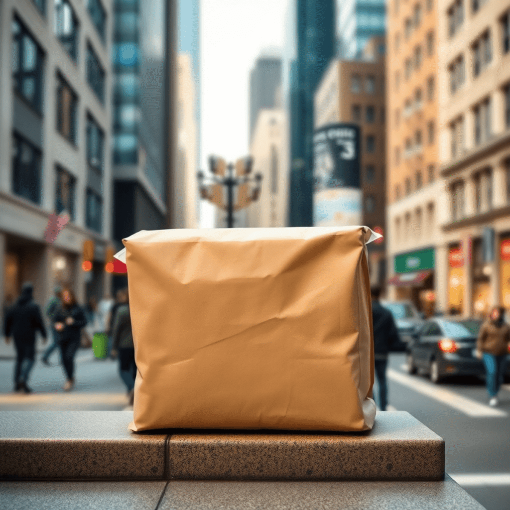 A plain delivery package on a doorstep with blurred city buildings and busy streets in the background.