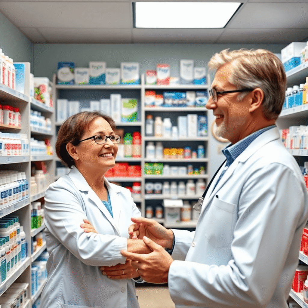 Bright community pharmacy interior with a pharmacist assisting a patient near shelves of eye care products and medications, highlighting profession...