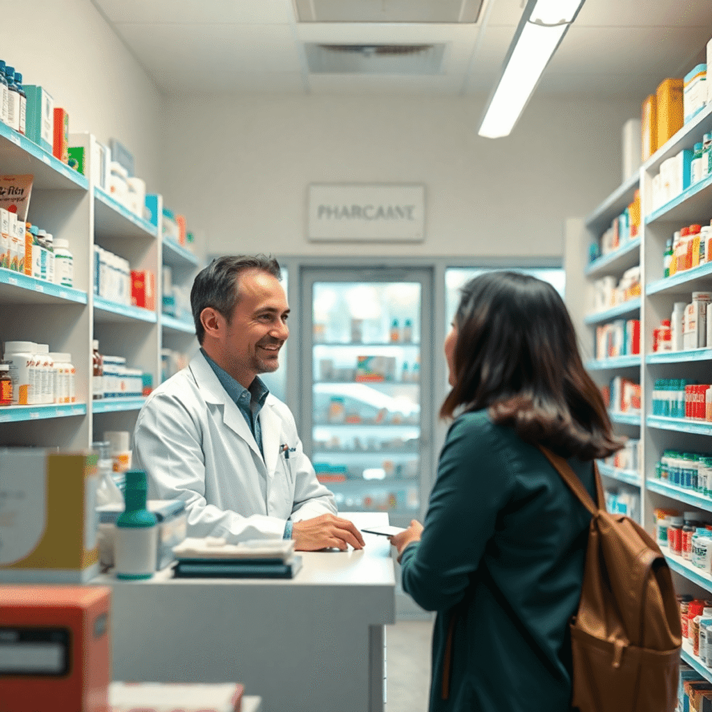 Bright community pharmacy interior with a pharmacist consulting a patient at the counter, surrounded by shelves of medicines and health products.
