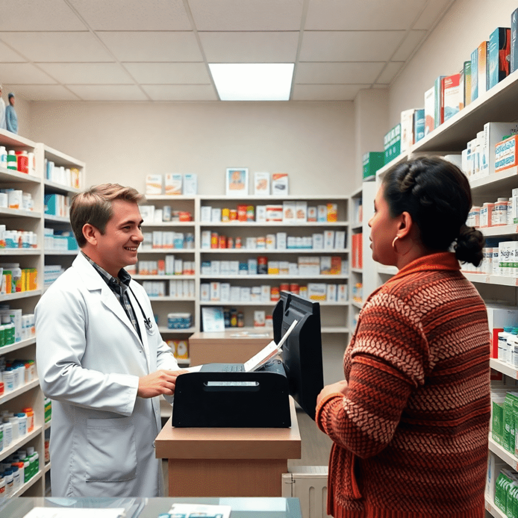 Bright community pharmacy interior with a pharmacist consulting a patient at the counter, surrounded by shelves of medications and health products.