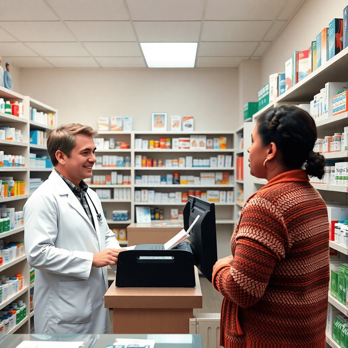 Bright community pharmacy interior with a pharmacist consulting a patient at the counter, surrounded by shelves of medications and health products.