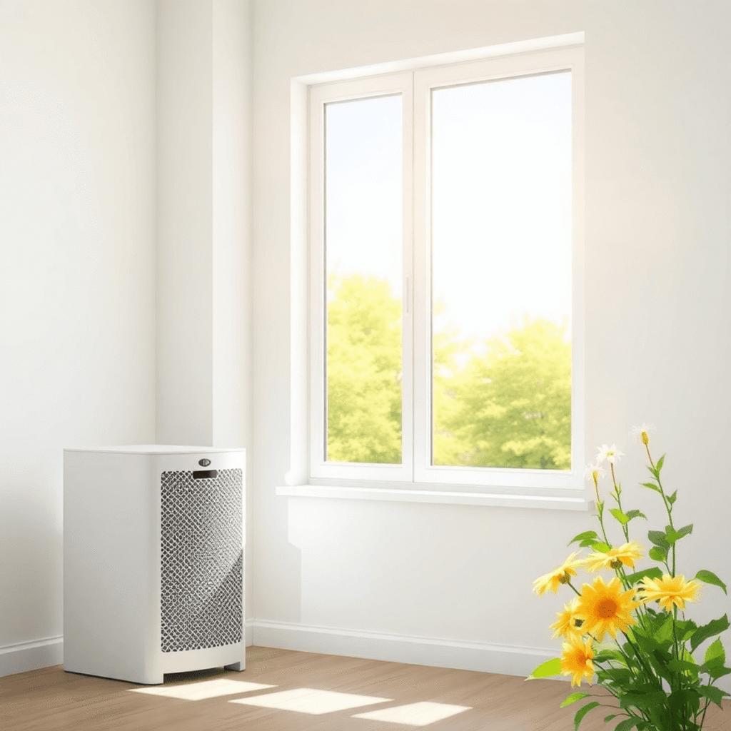 Bright indoor scene with air purifier by window closed against pollen; sunlight filters in, showing blooming flowers and clear sky outside.
