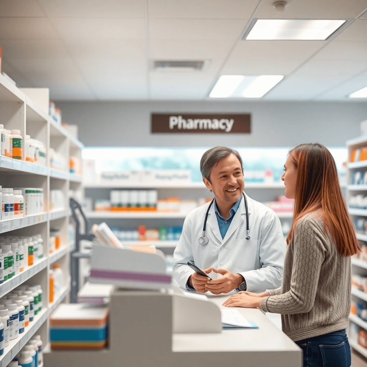 Bright modern pharmacy interior with shelves of medications and a friendly pharmacist consulting a patient over the counter.