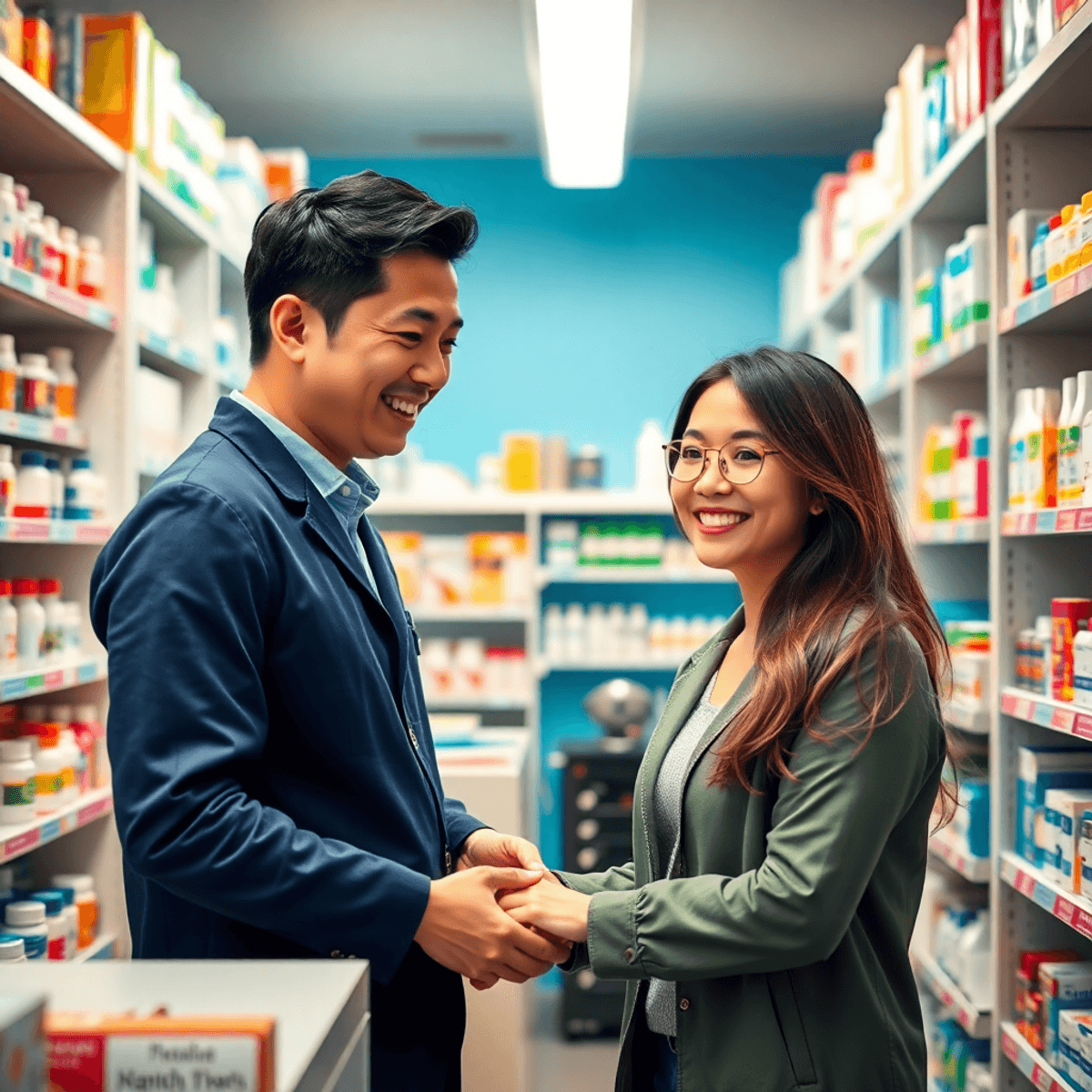 Bright pharmacy interior with a friendly pharmacist assisting a smiling customer, surrounded by shelves of medications and health products.