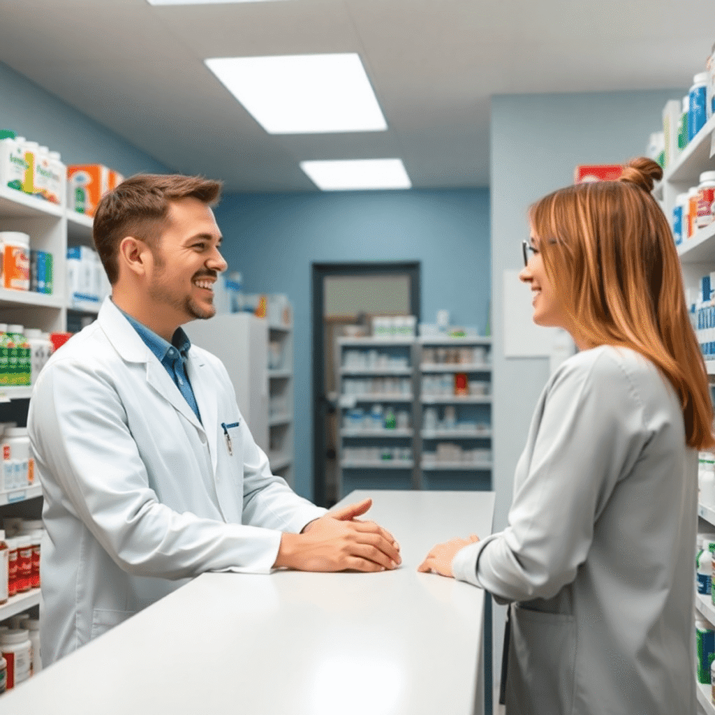 Bright pharmacy interior with a friendly pharmacist consulting a smiling patient over the counter, surrounded by shelves of medicine and health pro...