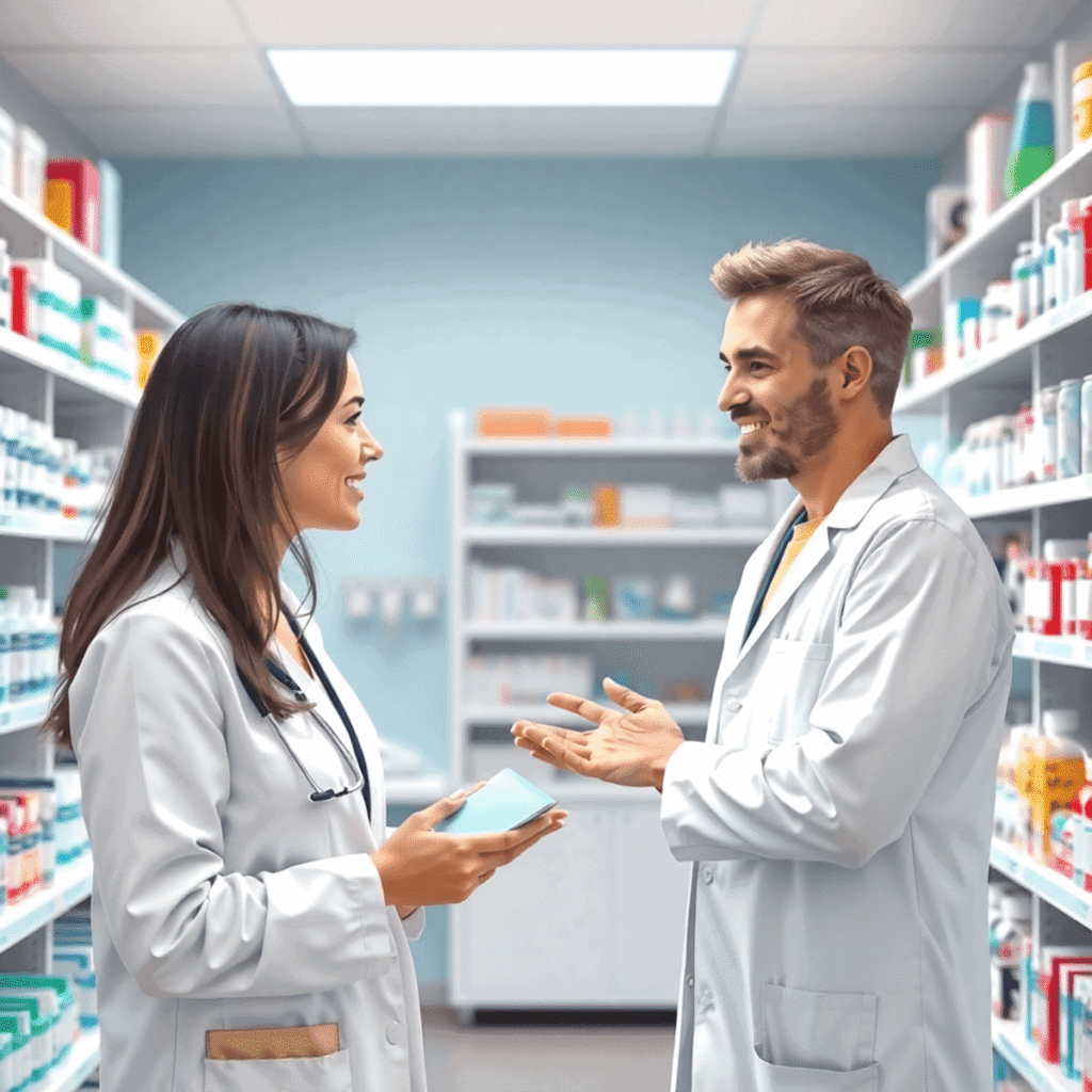 Bright pharmacy interior with a pharmacist consulting a patient about insect bite treatment, surrounded by shelves of medications and health products.