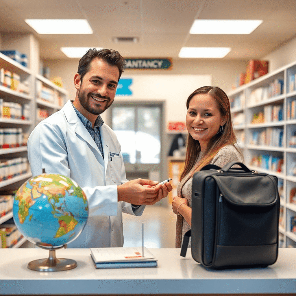 Bright pharmacy interior with a pharmacist preparing vaccines, surrounded by travel items like a globe and suitcase, highlighting healthcare access...