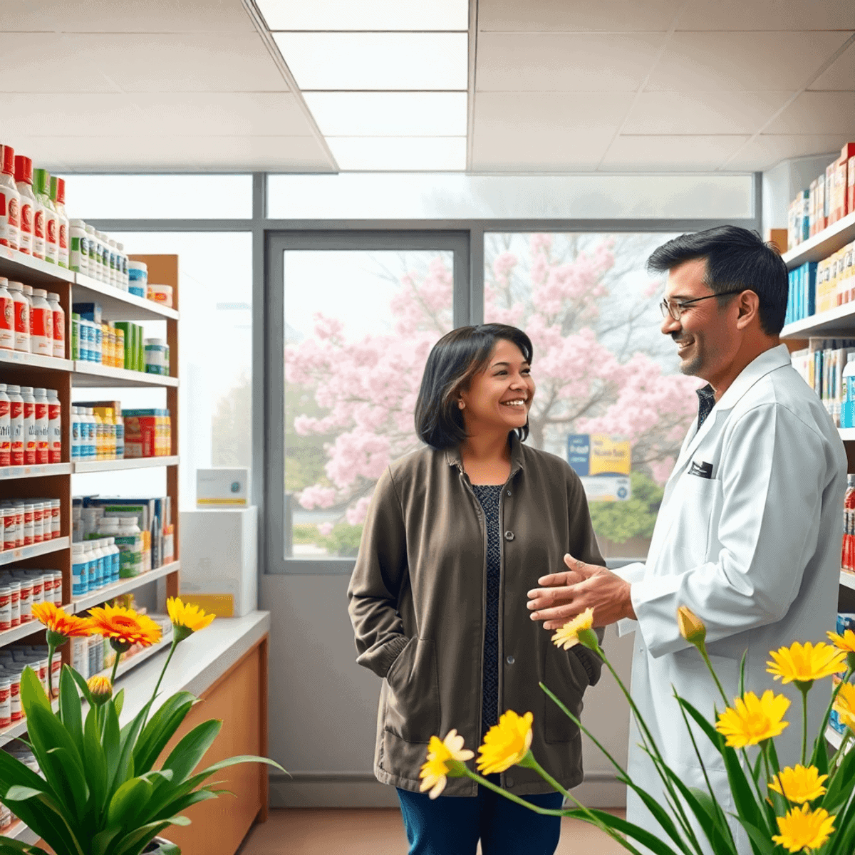 Bright pharmacy interior with allergy meds, a pharmacist helping a customer, and spring flowers visible outside the window.