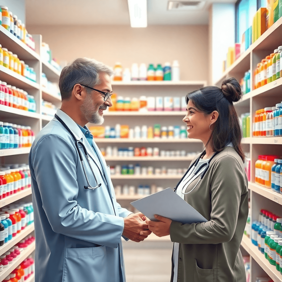 Bright pharmacy interior with colorful medicine shelves, a pharmacist assisting a patient, and healthcare symbols like a stethoscope and prescripti...