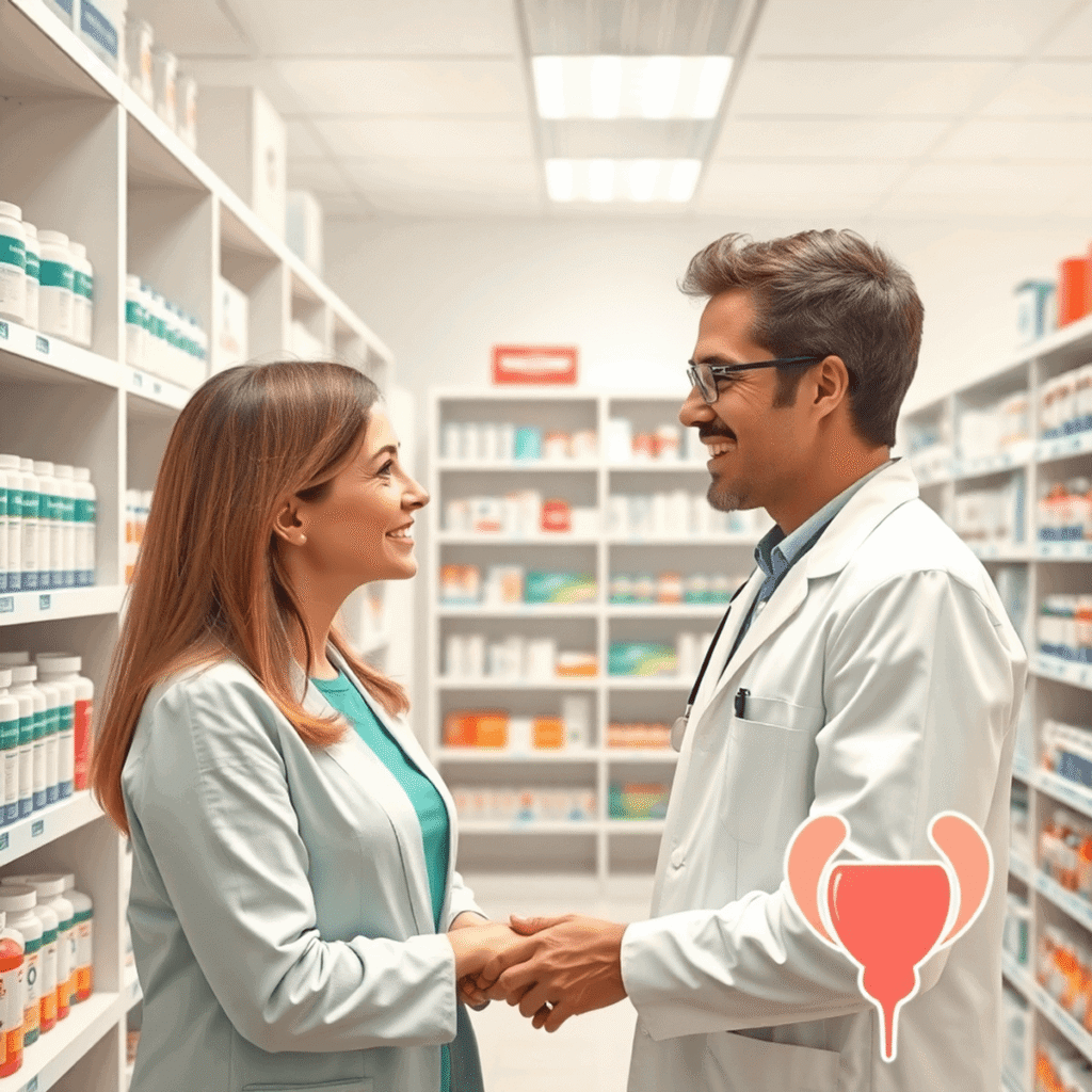 Bright pharmacy interior with shelves of medications, a pharmacist assisting a patient, and subtle urinary tract health icons visible.