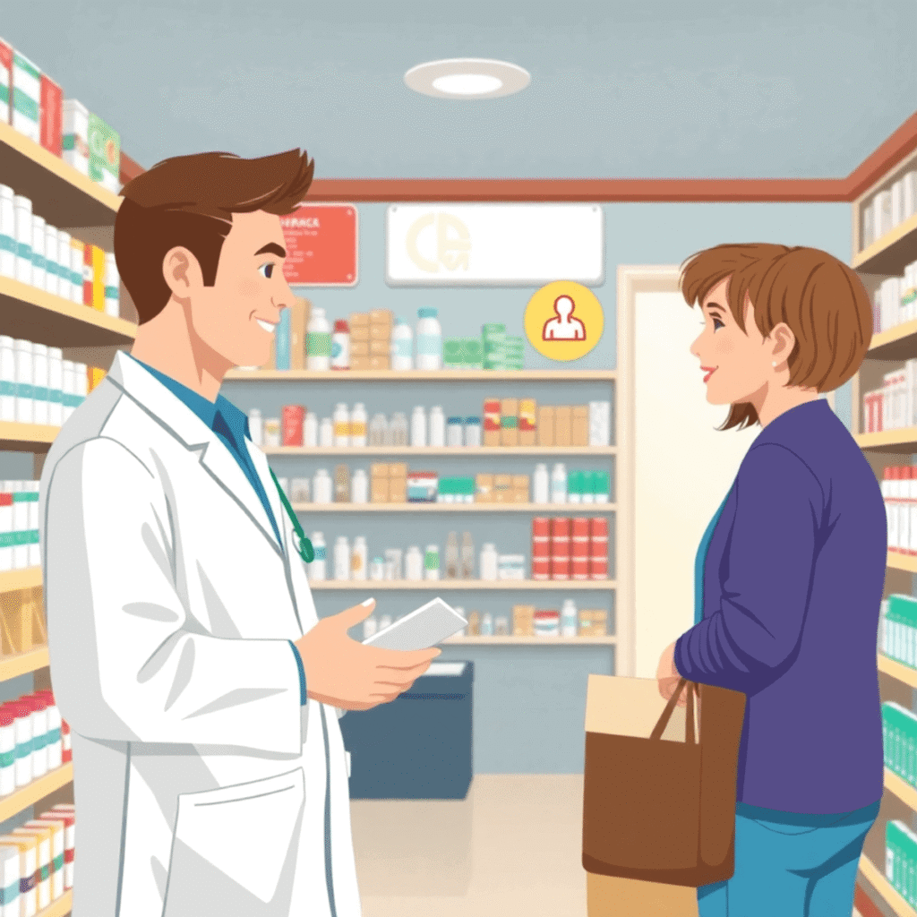 Bright pharmacy interior with shelves of medicine, a friendly pharmacist assisting a customer, and subtle icons for cold sore, heartburn, and heada...