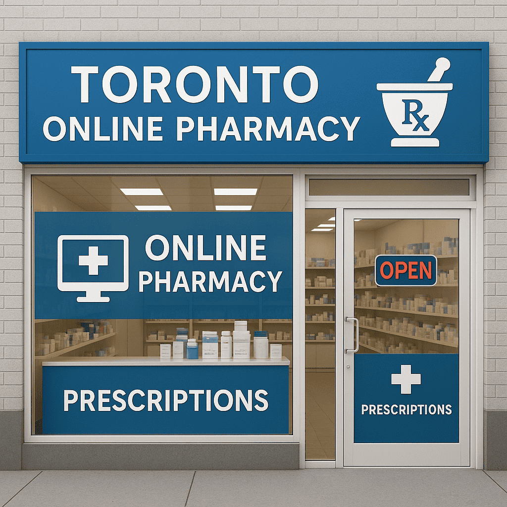 Storefront of a Toronto online pharmacy with blue signs displaying "Online Pharmacy" and "Prescriptions," a mortar and pestle icon, and an "Open" sign on the door. Shelves with products are visible inside.