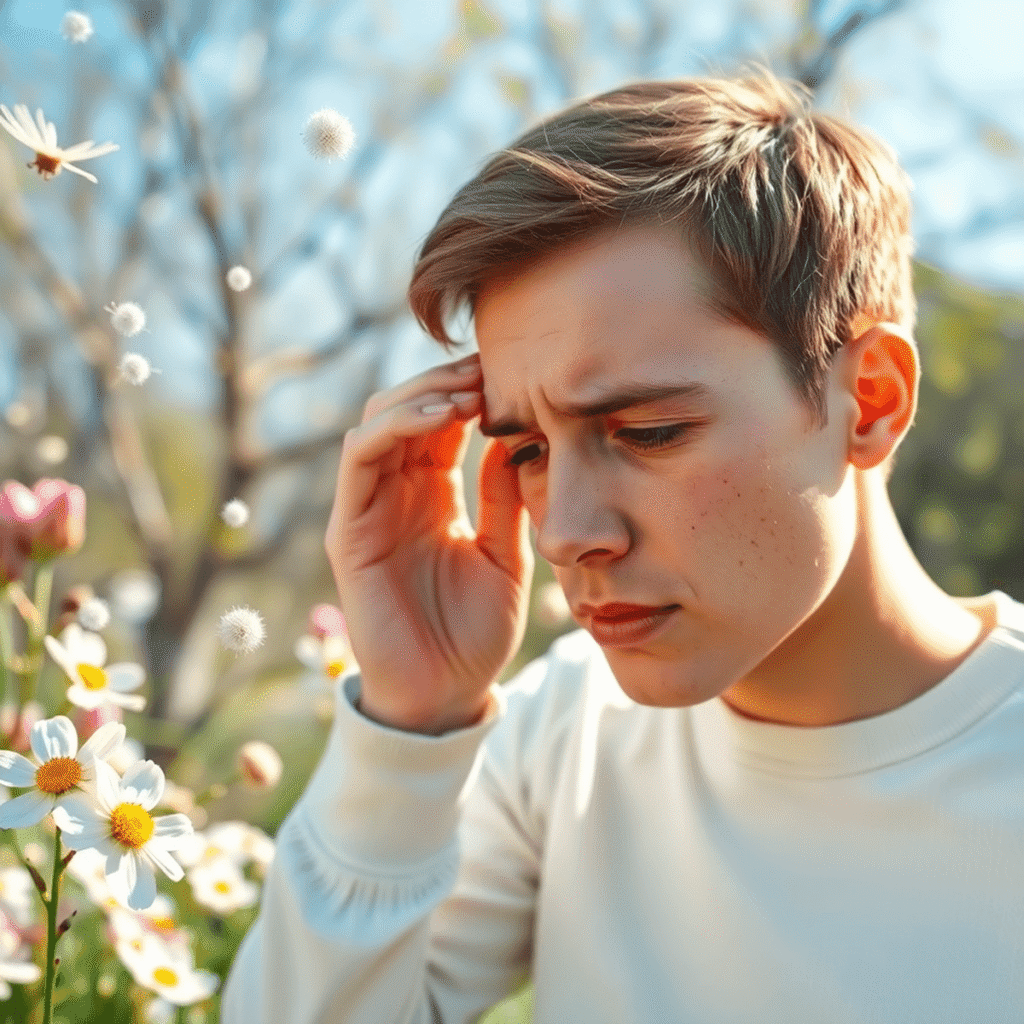 Close-up of a person rubbing itchy eyes outdoors amid blooming spring flowers and floating pollen particles, illustrating hay fever symptoms.