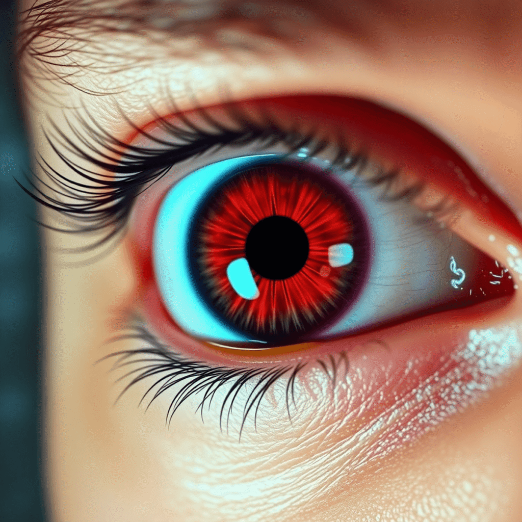 Close-up of an inflamed eye with redness and yellowish discharge, indicating bacterial pink eye, against a soft medical background with pharmacy sy...