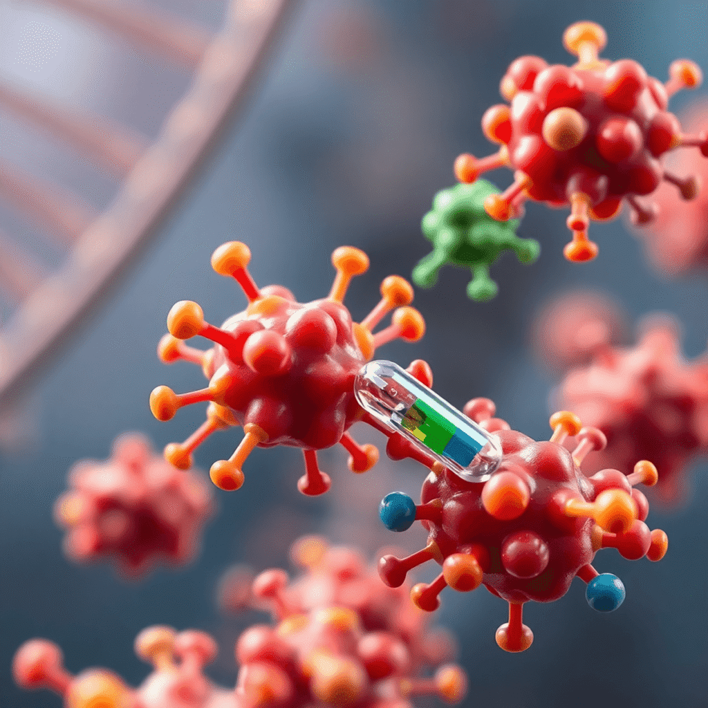 Close-up of colorful bacteria and antibiotic molecules interacting, with a faint DNA strand in the background symbolizing antibiotic resistance and...