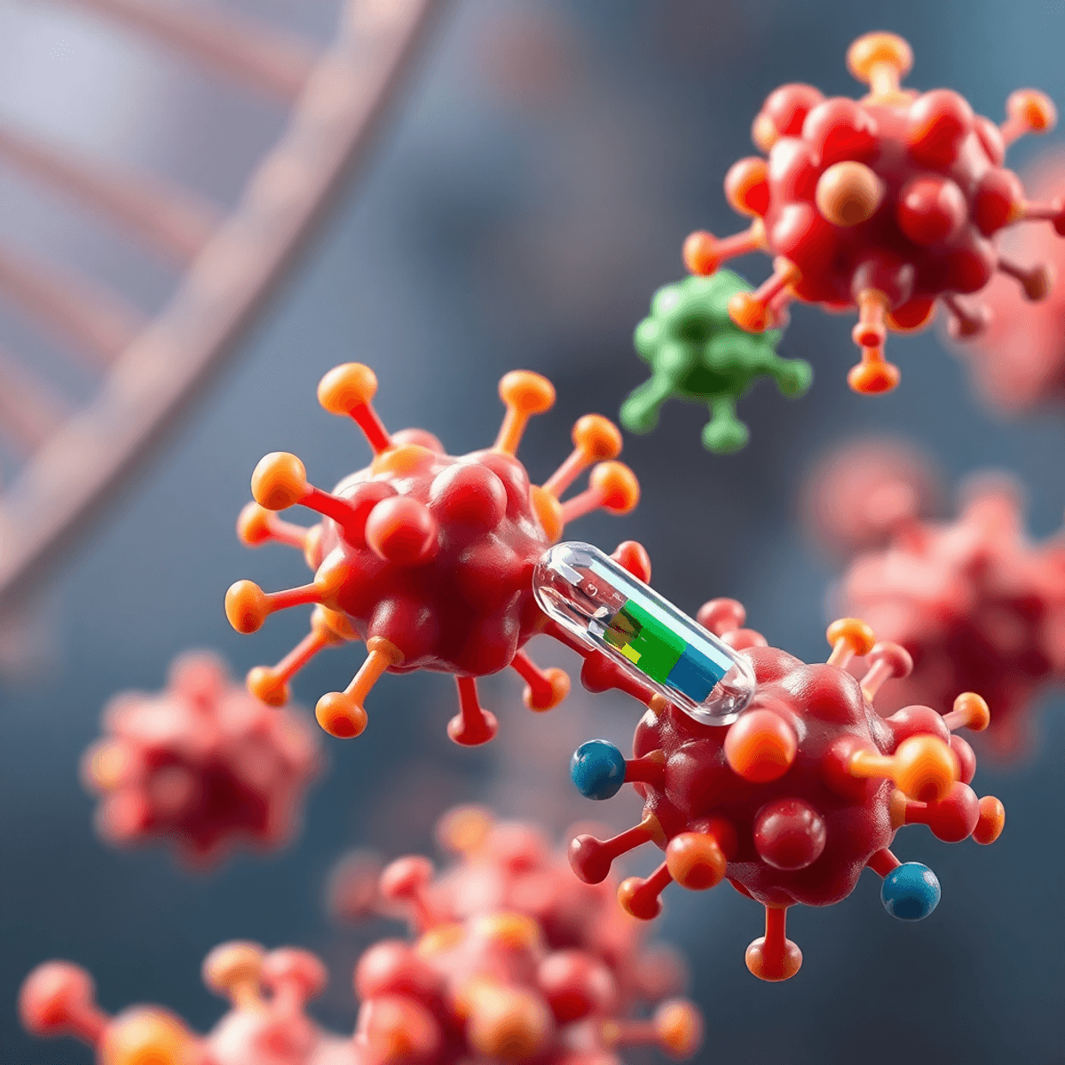 Close-up of colorful bacteria and antibiotic molecules interacting, with a faint DNA strand in the background symbolizing antibiotic resistance and...