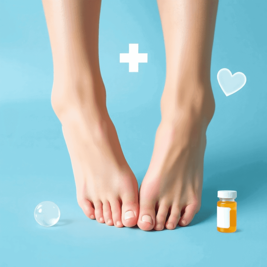 Close-up of feet gently touching, surrounded by subtle medical symbols on a soft blue background, conveying healthcare and comfort.