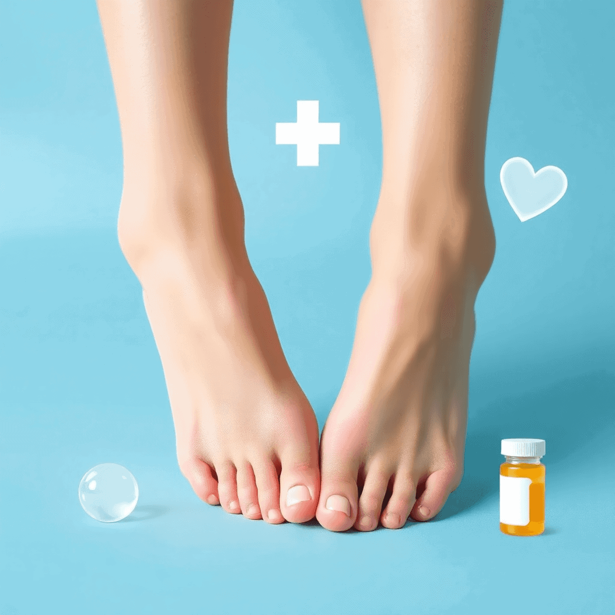Close-up of feet gently touching, surrounded by subtle medical symbols on a soft blue background, conveying healthcare and comfort.