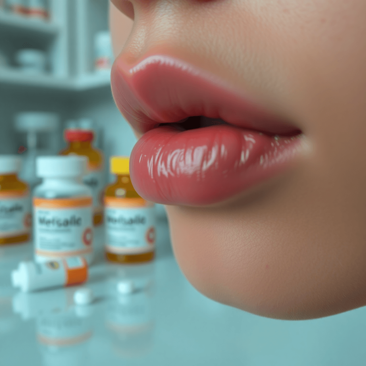 Close-up of lips with a small cold sore blister, medical and pharmacy items like medication bottles blurred in the background.
