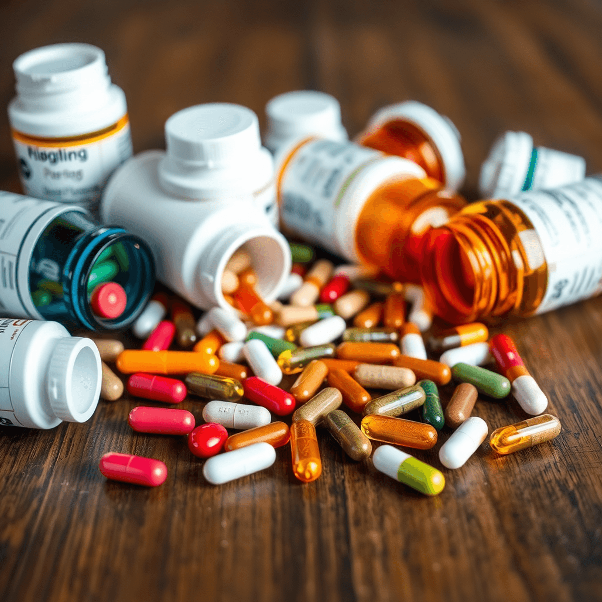 Close-up of prescription medication bottles and various dietary supplements scattered on a wooden table, illustrating drug and supplement interaction.