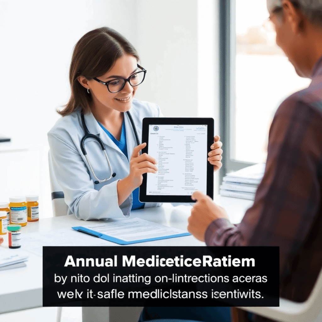 Healthcare professional reviewing medication list on tablet with prescription bottles and documents on a bright, organized desk.