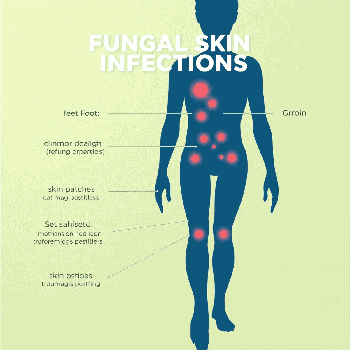 Illustration of fungal skin infections on a human body silhouette with red and white markings on feet, groin, and skin patches, against a soft medi...
