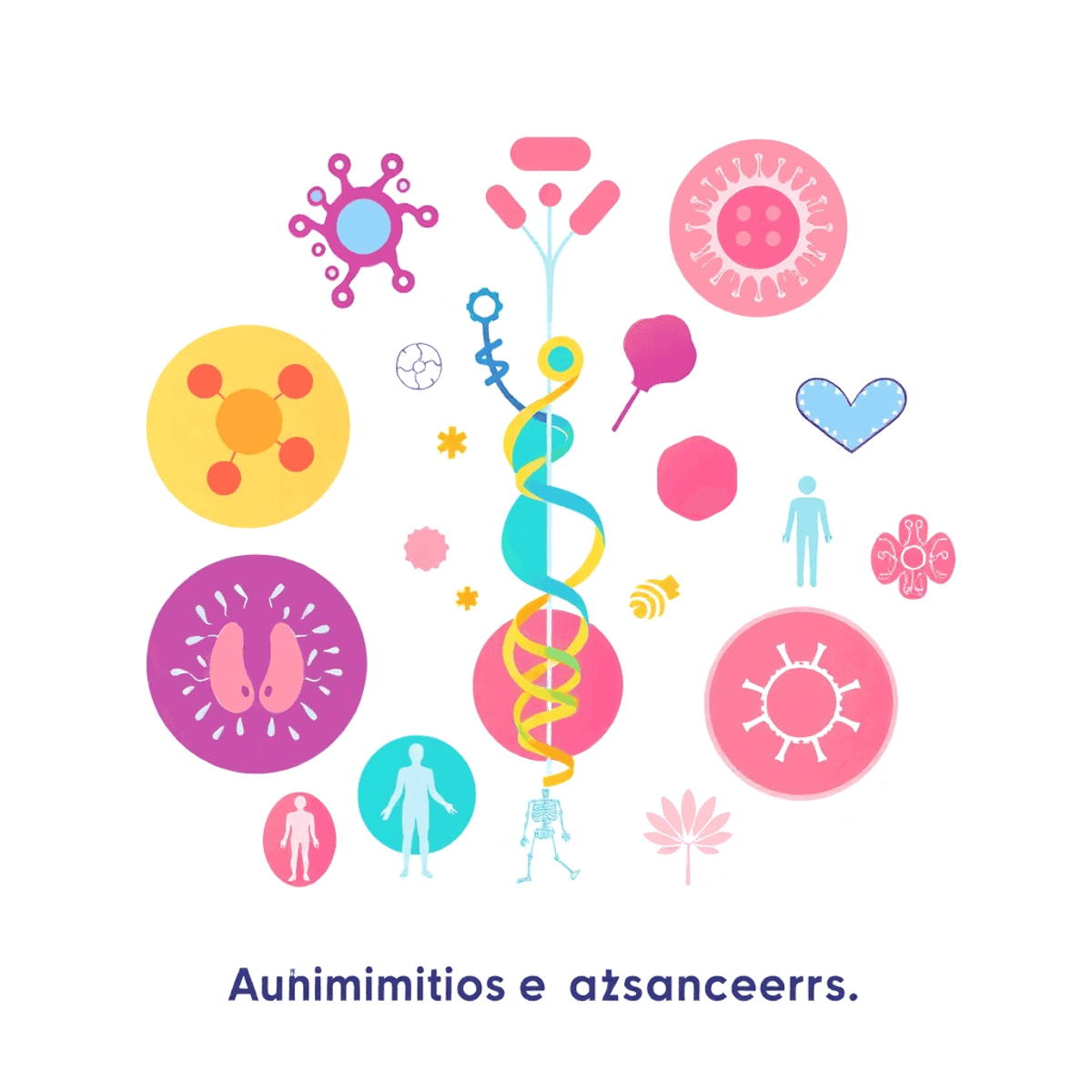 Illustration of proteins, cells, joints, and immune system icons on a clean background highlighting healthcare and patient empowerment.