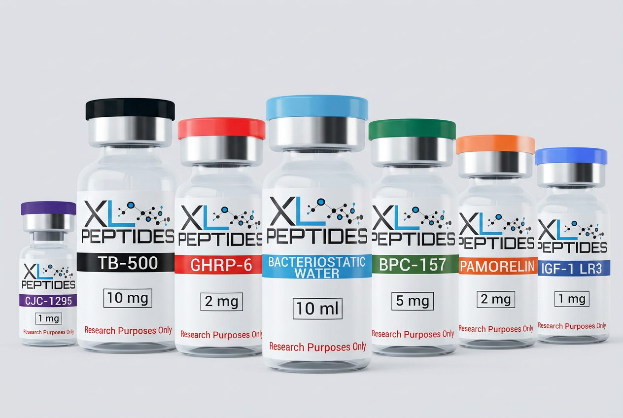 Six labeled vials of XL Peptides, each with a colored cap, stand in a row. Labels show different peptides and dosages, including TB-500, GHRP-6, Bacteriostatic Water, BPC-157, PAMORELIN, IGF-1 LR3, and CJC-1295.