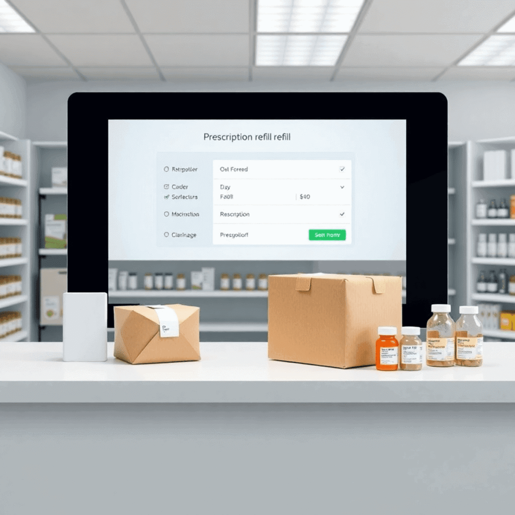 Modern pharmacy counter with touchscreen interface, medication bottles, and delivery package showcasing fast online prescription refills.