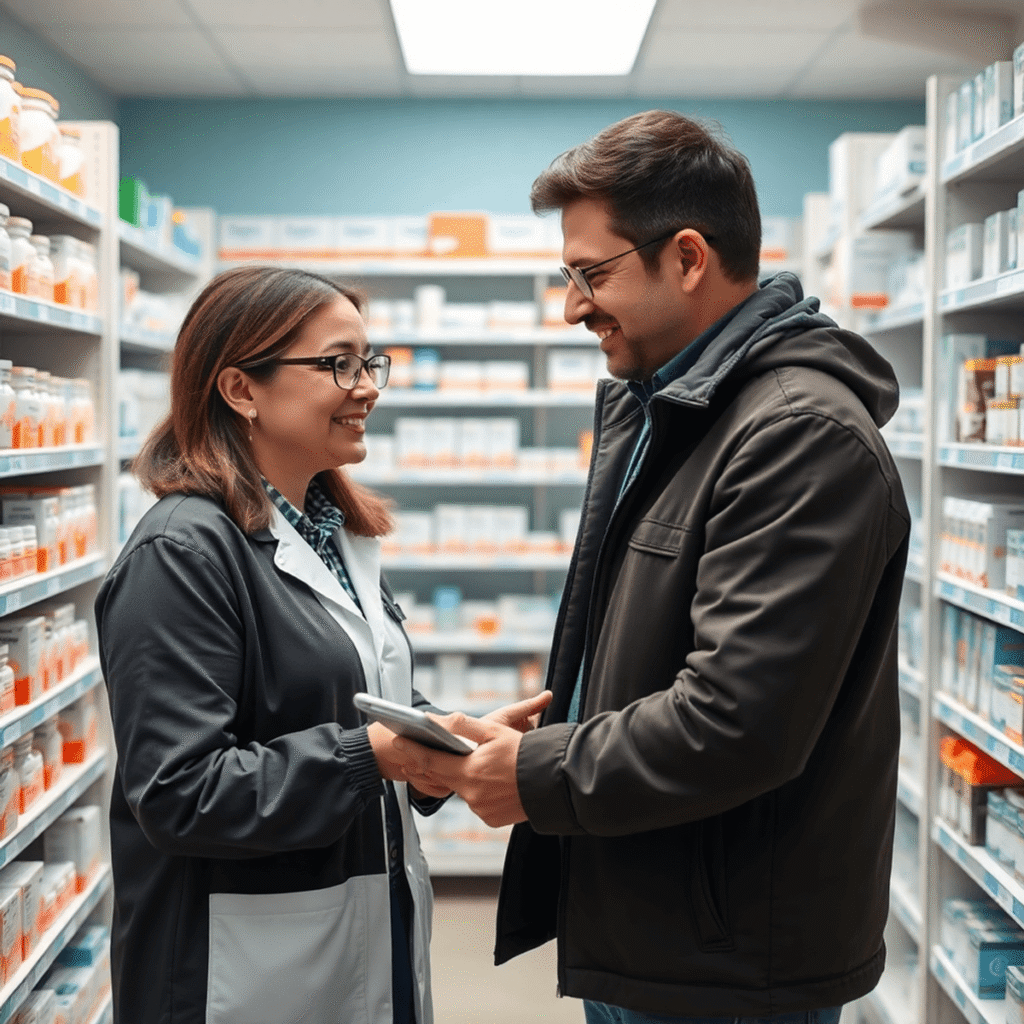 Modern pharmacy interior with a pharmacist consulting a patient, shelves stocked with prescription medications and antibiotics, symbolizing accessi...
