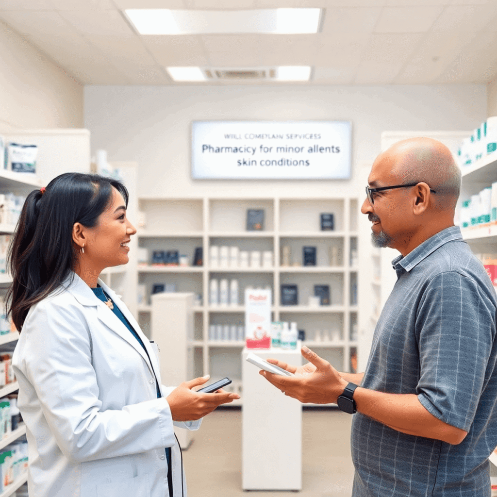 Modern pharmacy interior with a pharmacist consulting a customer about skincare, visible products, and a sign for pharmacist services on minor ailm...