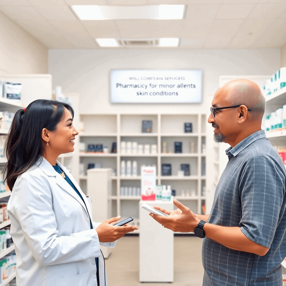 Modern pharmacy interior with a pharmacist consulting a customer about skincare, visible products, and a sign for pharmacist services on minor ailm...