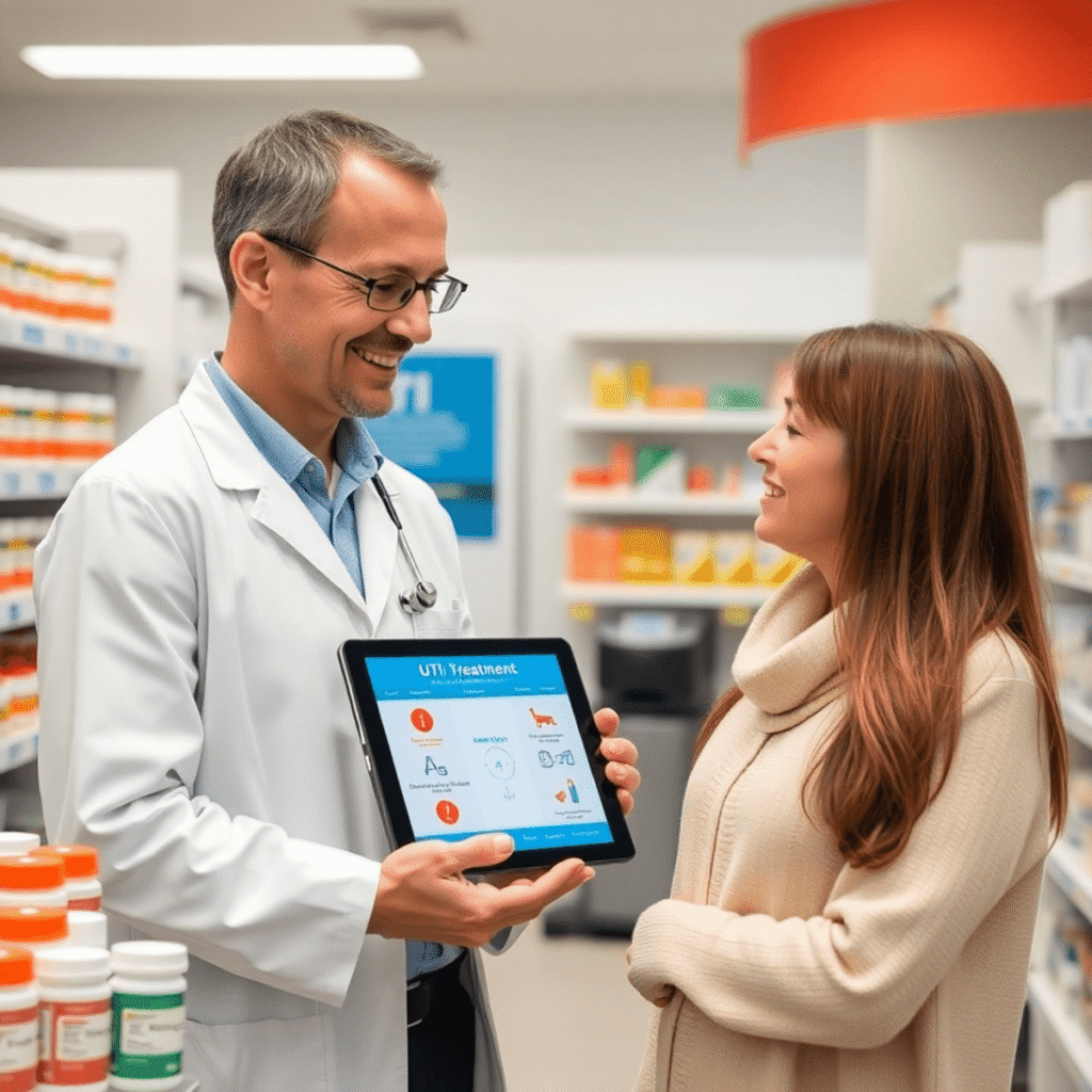 Modern pharmacy interior with pharmacist consulting patient, surrounded by prescription bottles and a tablet showing a UTI assessment algorithm.