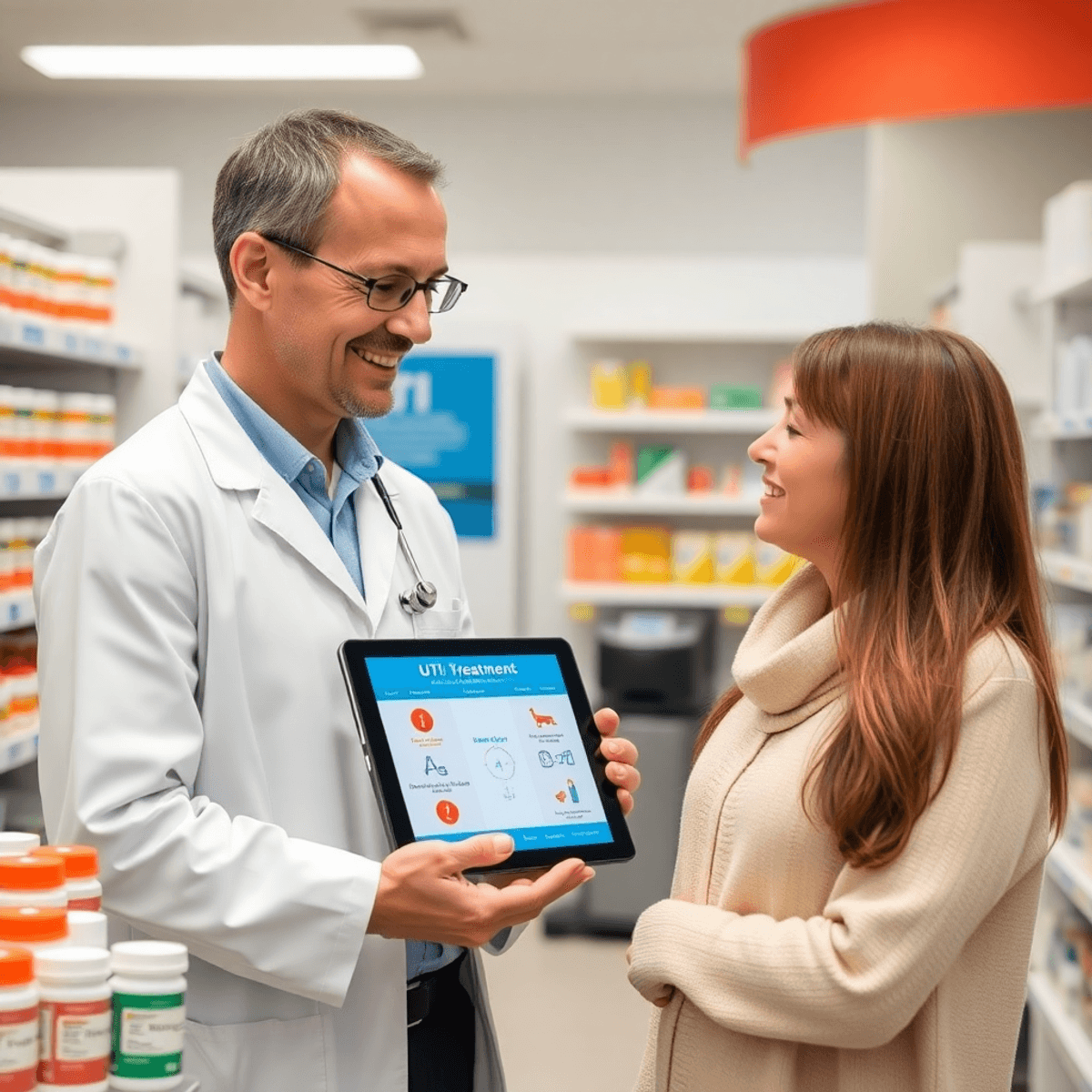 Modern pharmacy interior with pharmacist consulting patient, surrounded by prescription bottles and a tablet showing a UTI assessment algorithm.