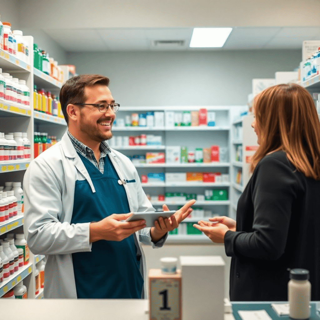 Pharmacist consulting a patient in a modern pharmacy with shelves of medications, symbolizing accessible constipation relief and minor ailment care.