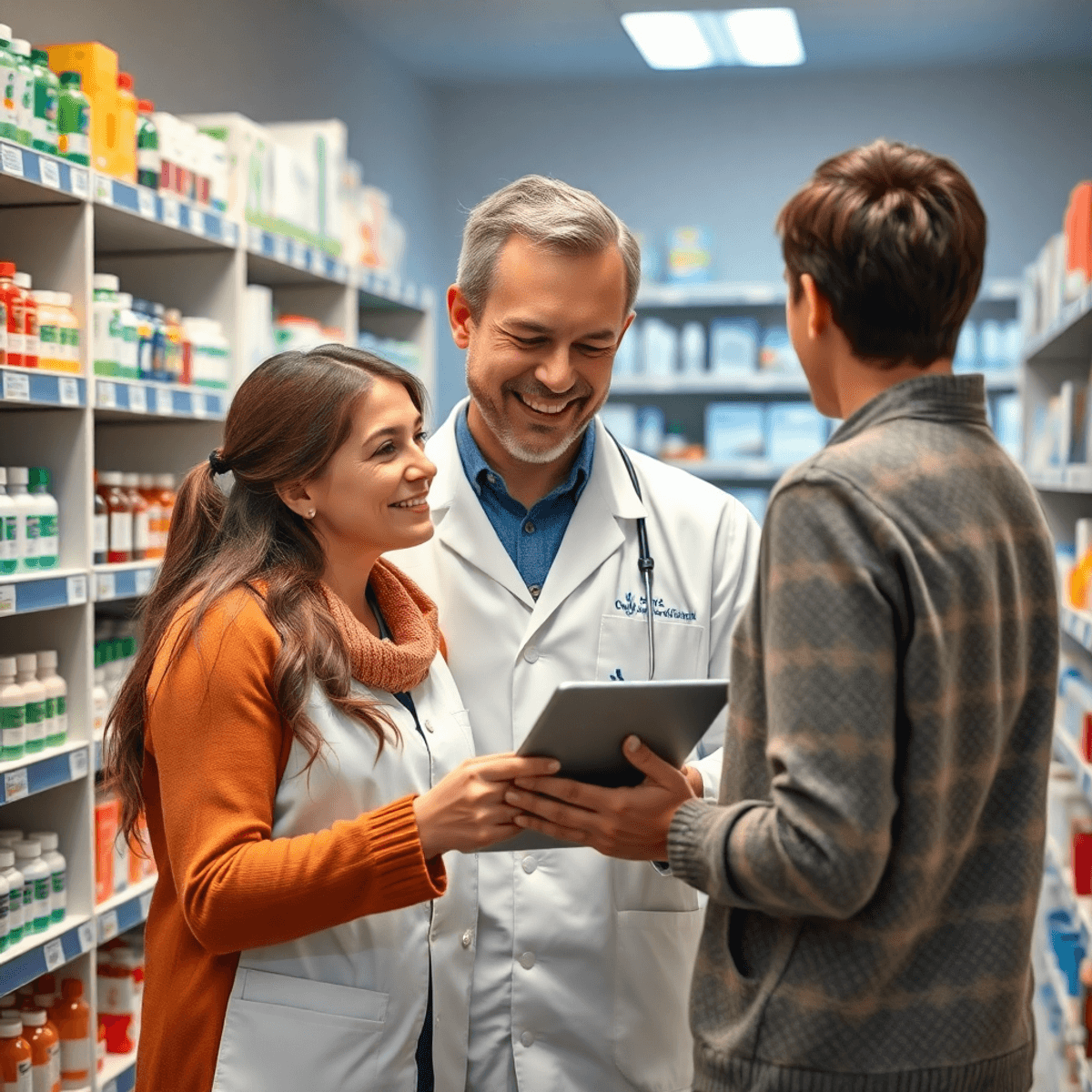 Pharmacist consulting a patient using a digital tablet in a modern pharmacy with shelves of medicines and health products.