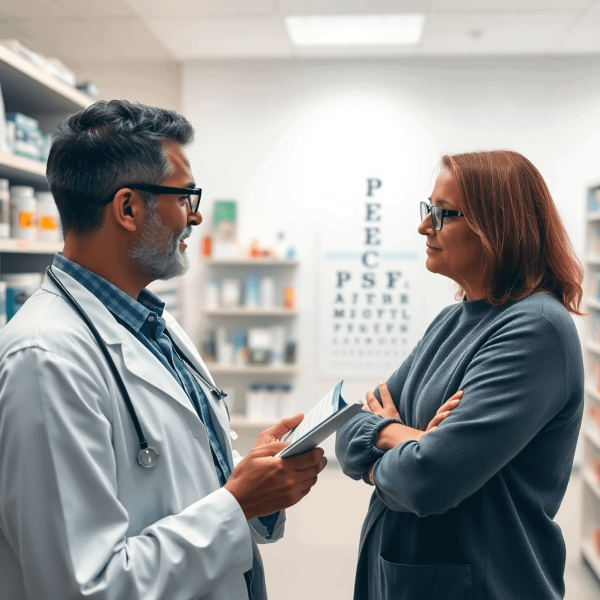 Pharmacist consulting an adult patient about eye care in a modern pharmacy with eye care products and an eye chart in the background.