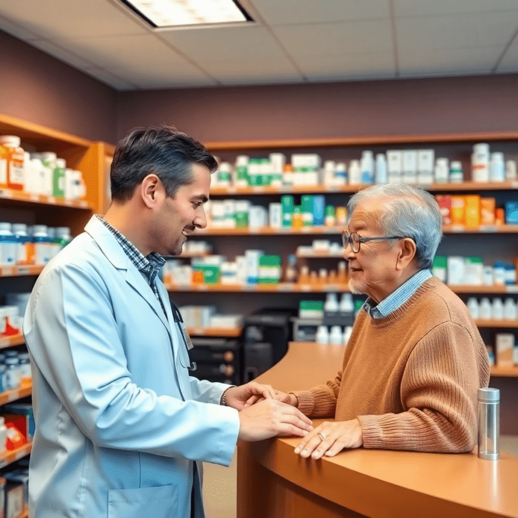 Pharmacist consulting with an elderly patient at a clean pharmacy counter with medication shelves in the background.