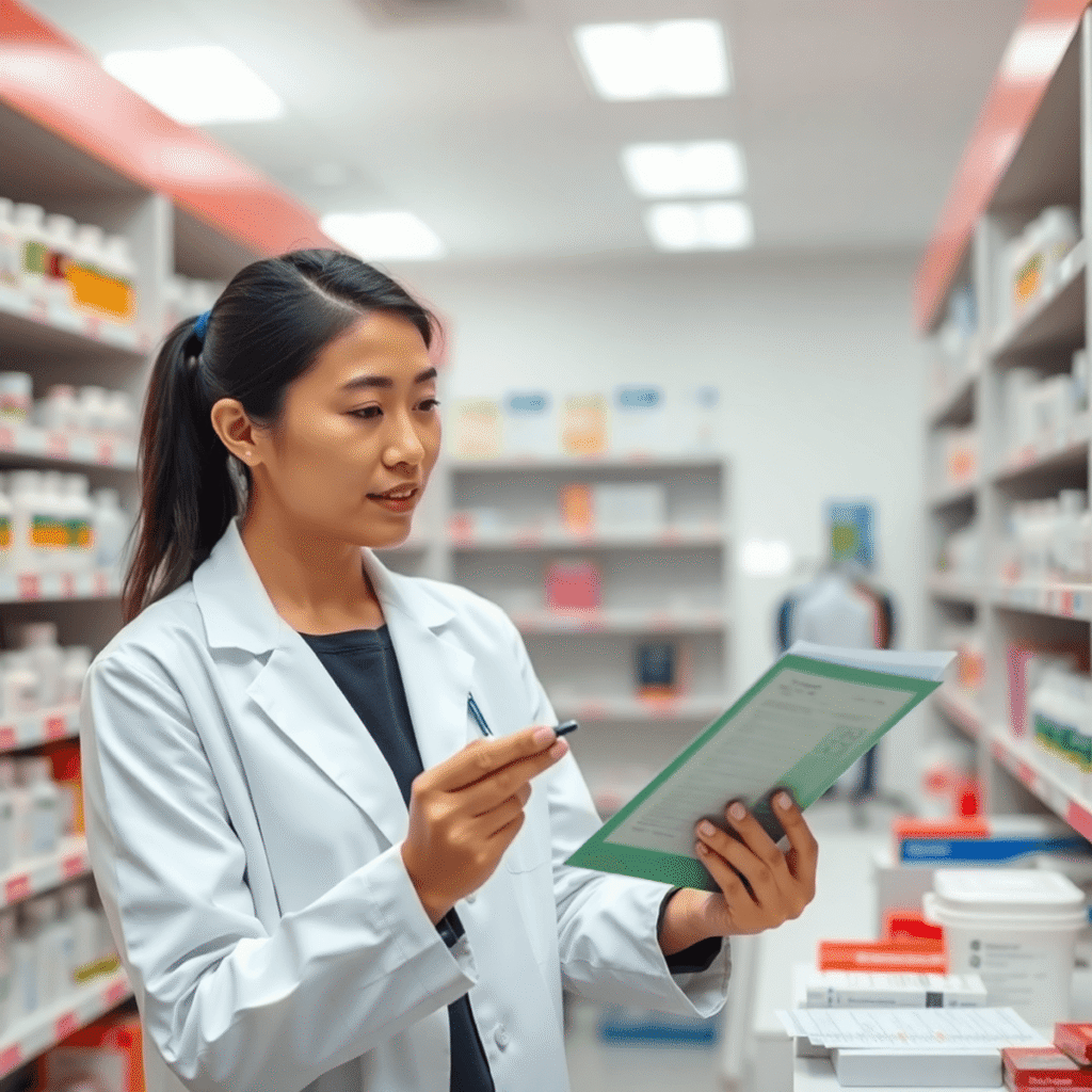 Pharmacist in white coat reviewing medication labels in a modern pharmacy with shelves of medicines in the background.