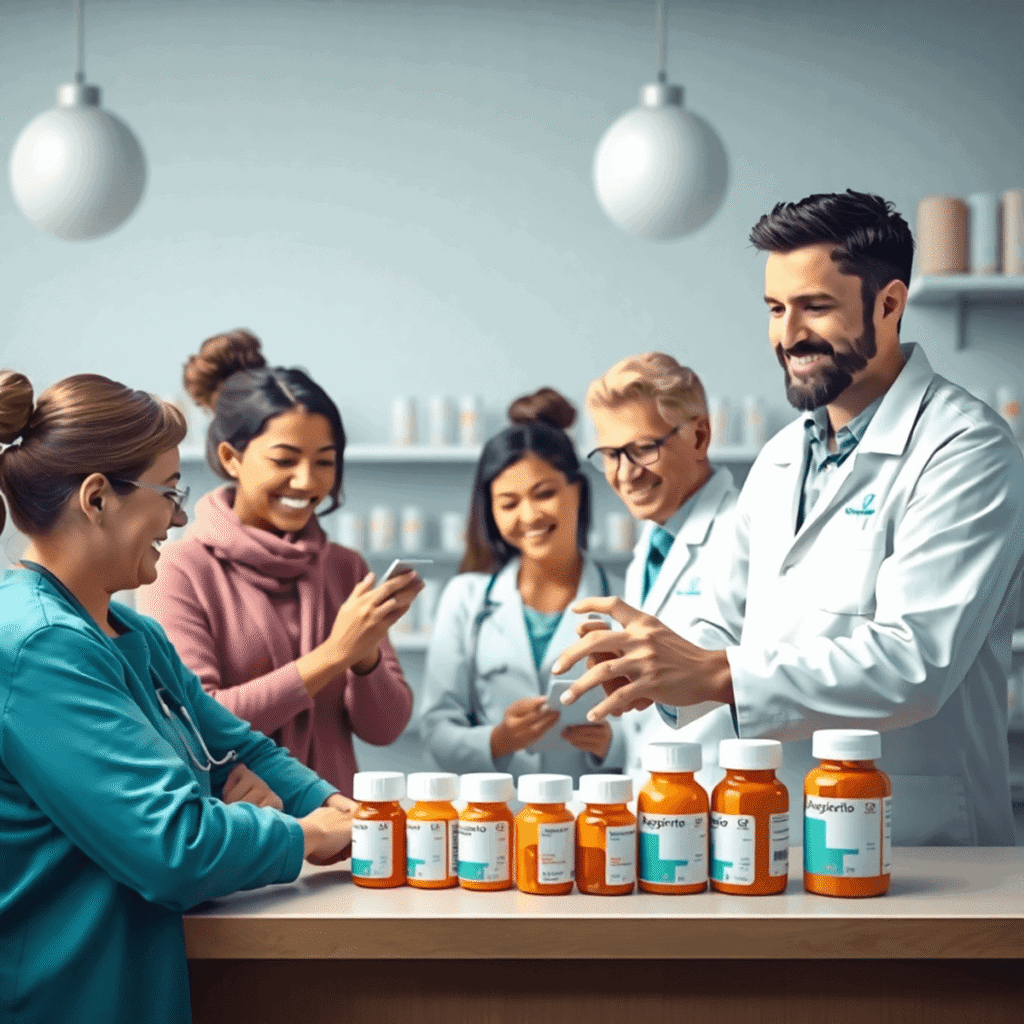 Pharmacist organizing prescription bottles on a counter, assisting patients with managing complex medication schedules.