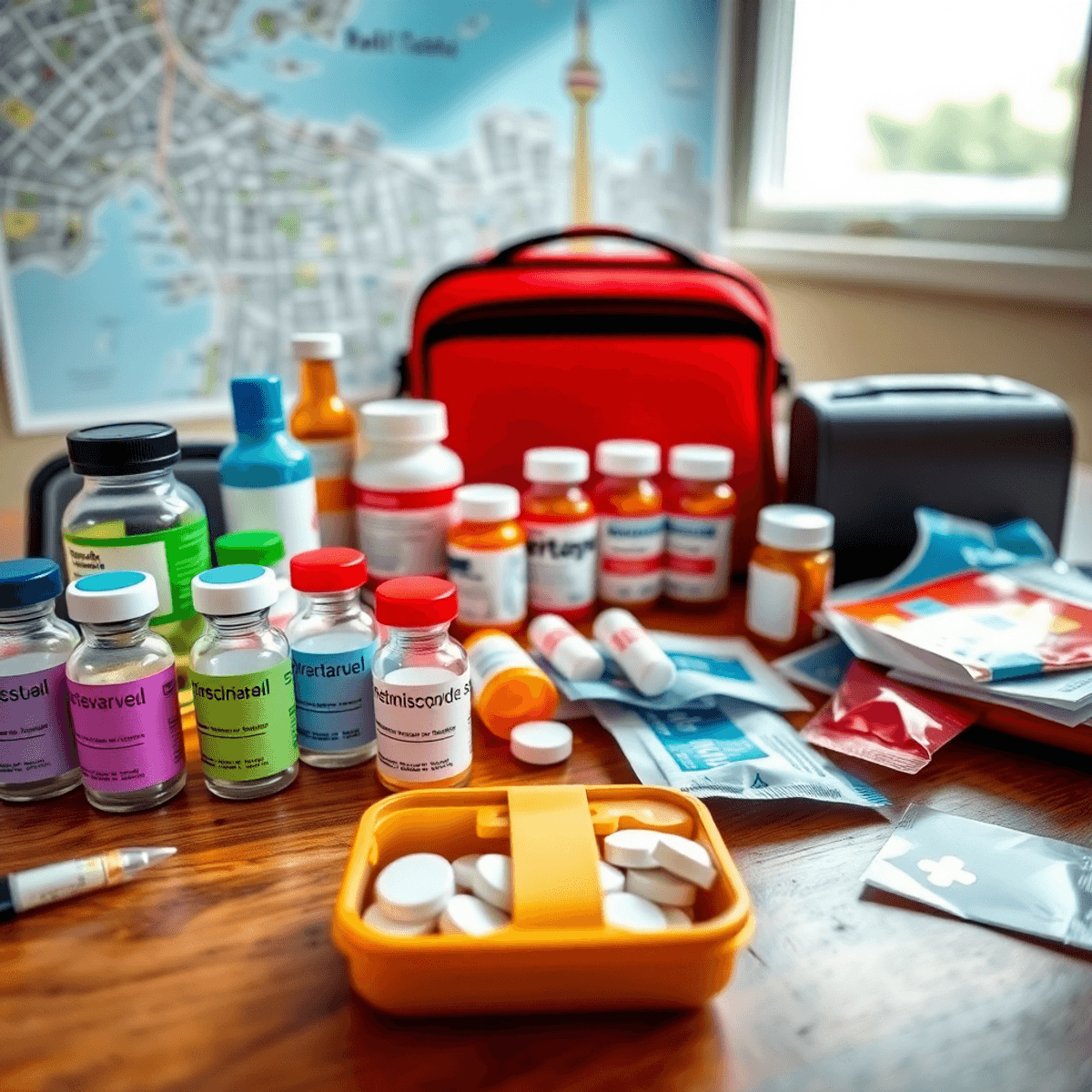 Travel essentials on a wooden table: vaccine vials, prescription bottles, first aid kit, and a Toronto map under soft natural light.